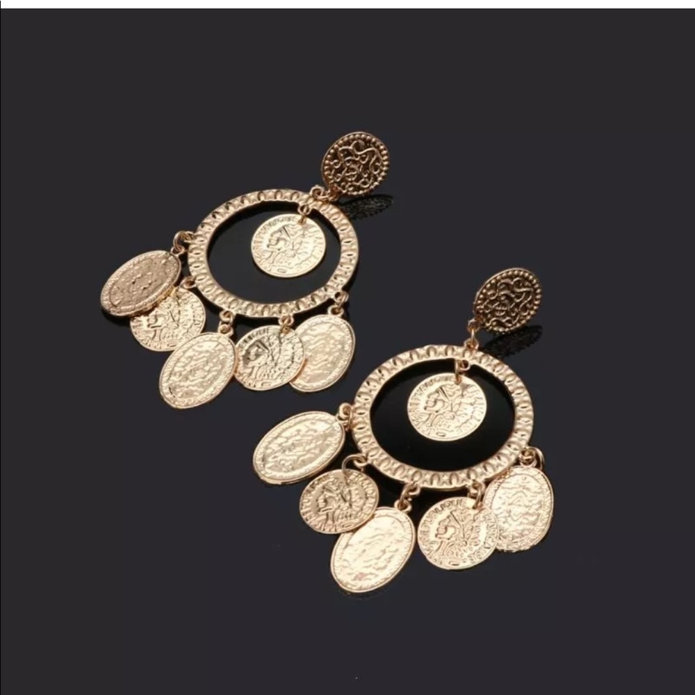 NEW Gold Hoop Coin Dangling Boho Earrings - Picture 4 of 5